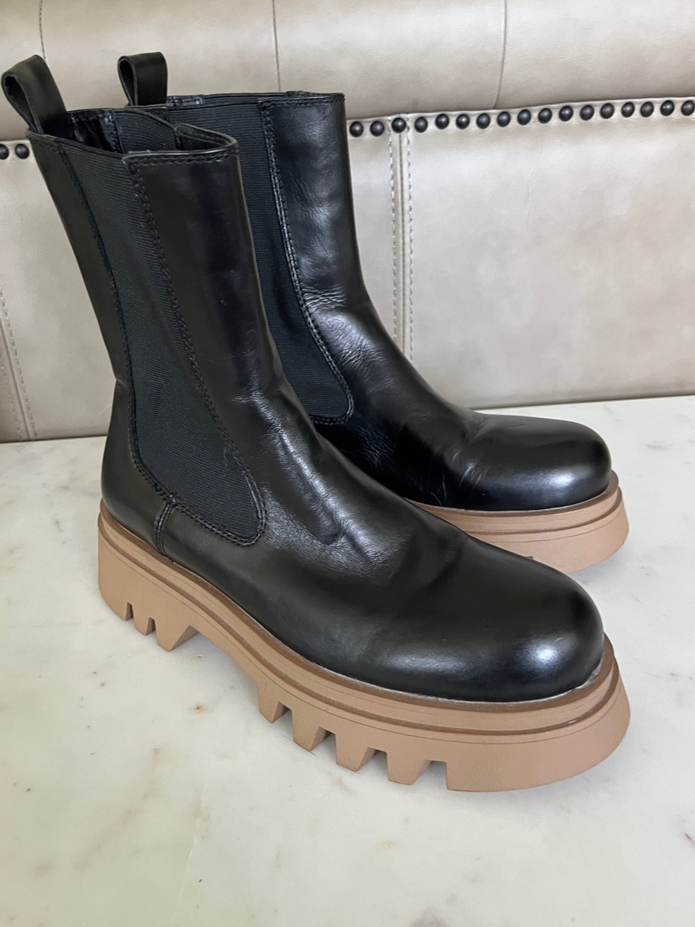 Genuine Black Leather Zara Chelsea Platform Boots with Tan Lug Sole